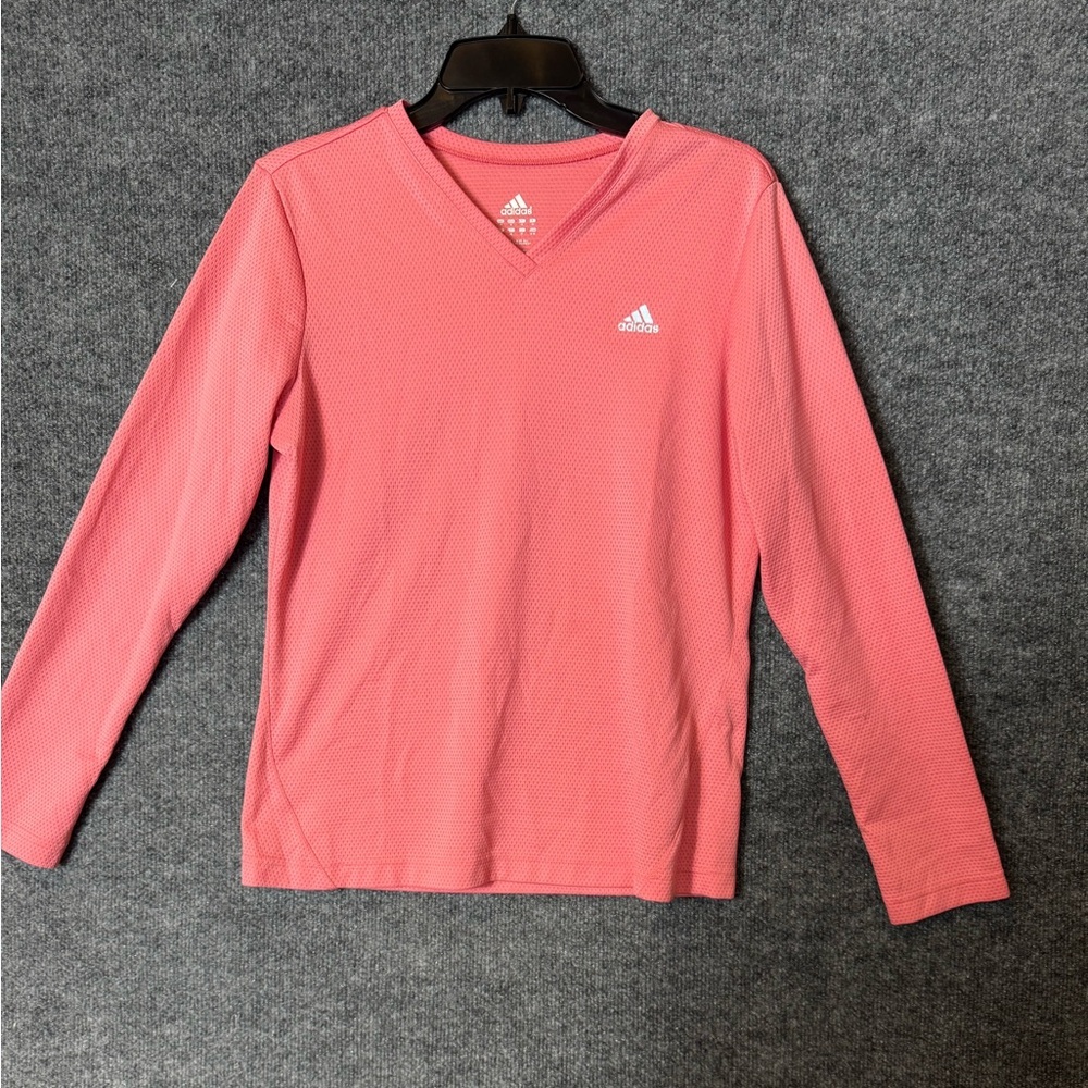 Adidas Pink Long Sleeve V Neck Activewear Top - Size Medium (M)